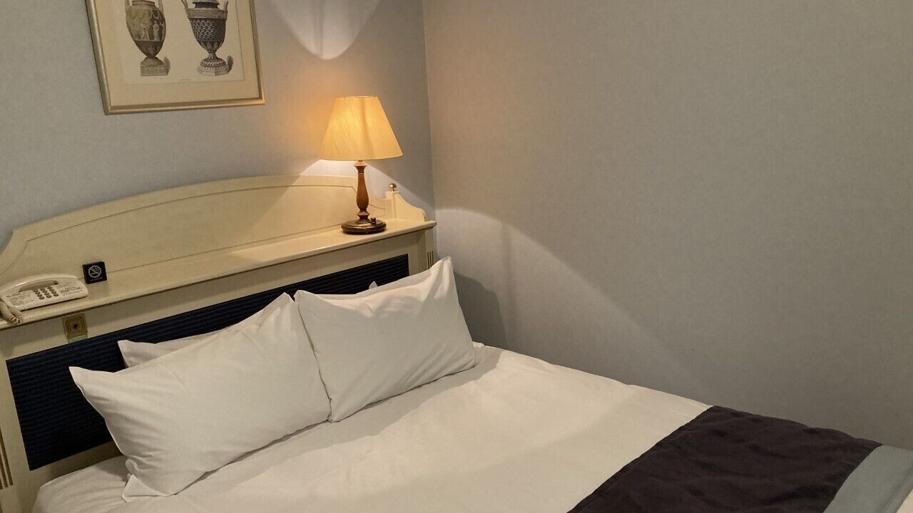 Una habitació d'hotel amb un llit, una làmpada de nit, un telèfon i un quadre al mur.