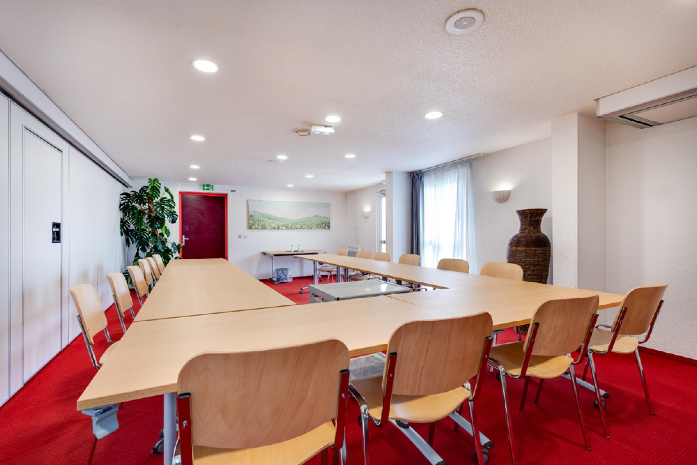 Una sala de conferències amb una taula llarga, cadires, una catifa vermella, una planta, un quadre i un ram.