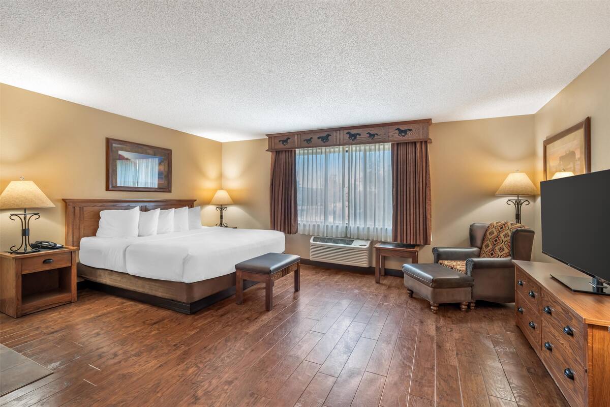 A hotel room with a large bed, a desk, a chair, a TV, and a window with curtains.