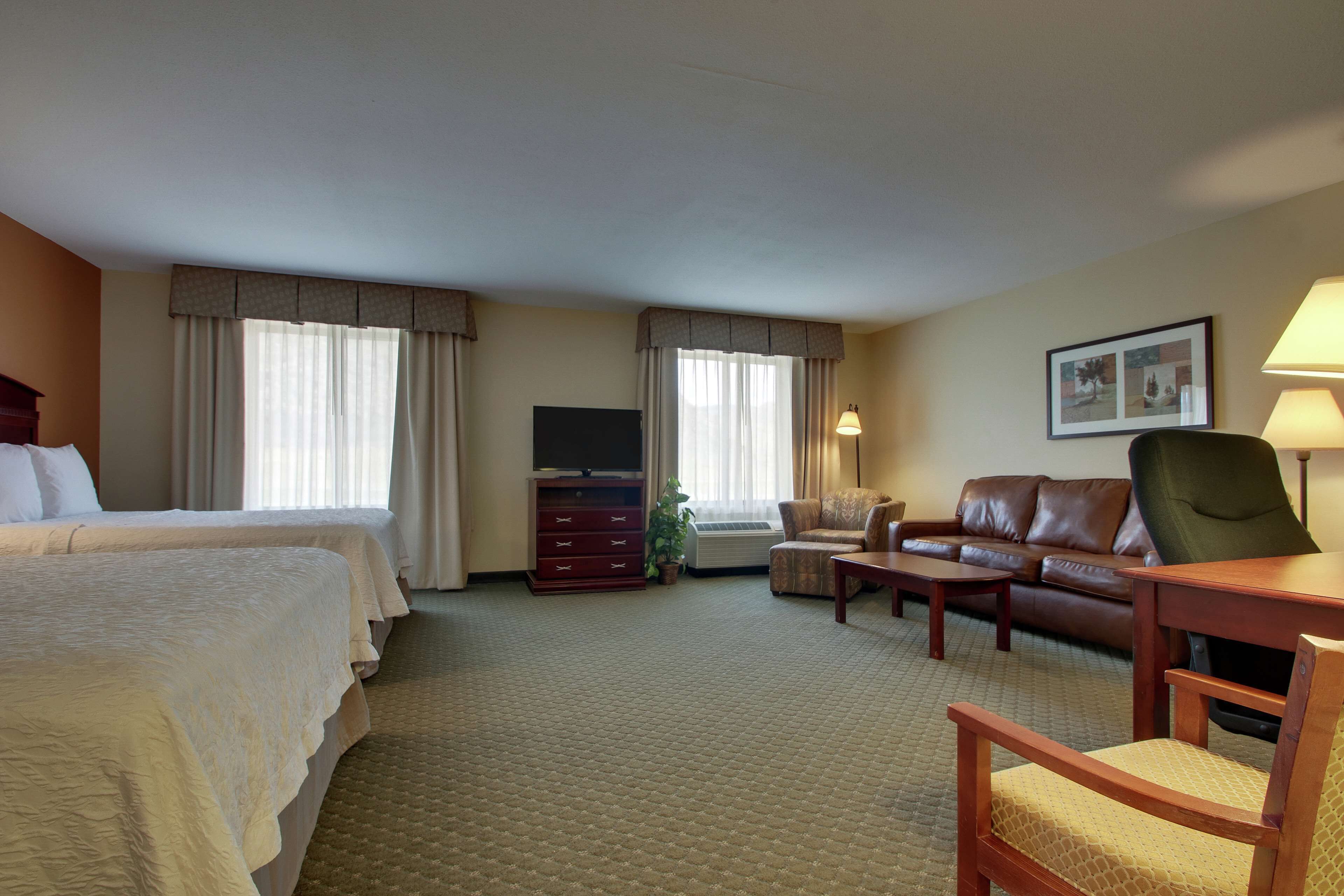 A hotel room with a bed, a sofa, a chair, a TV, and a lamp.