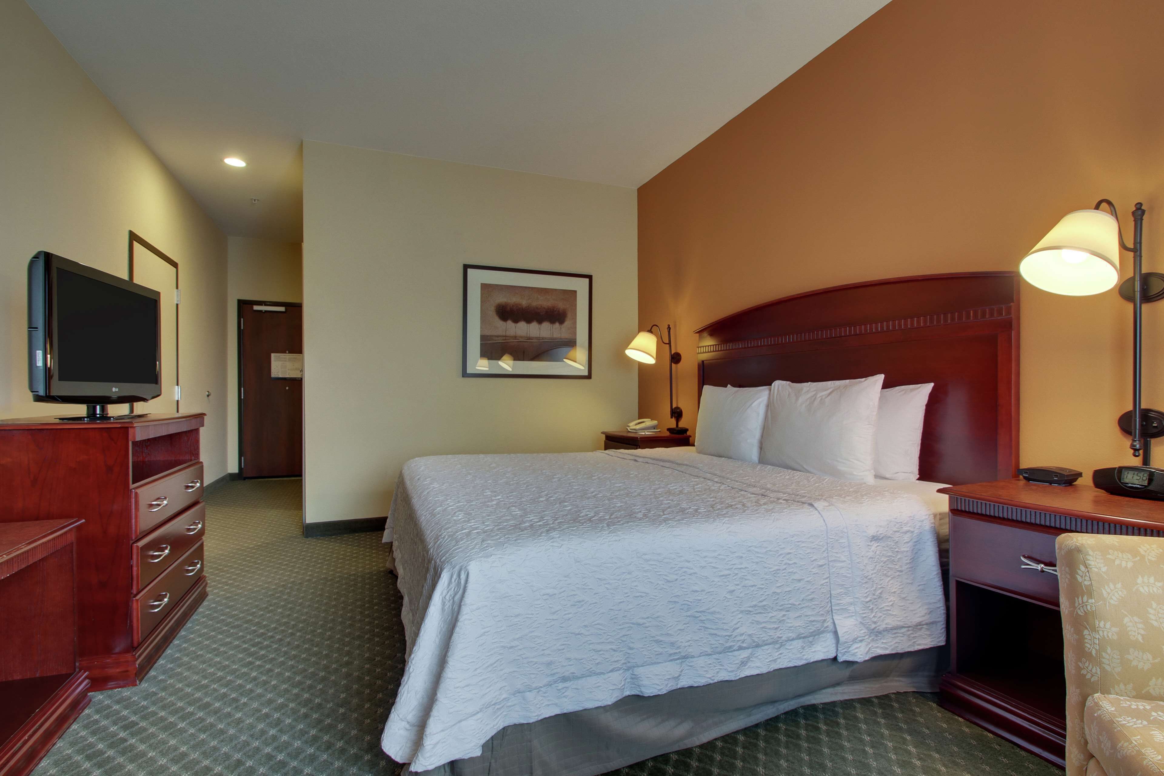 A hotel room with a large bed, a television on a wooden dresser, a framed picture on the wall, and two bedside lamps.