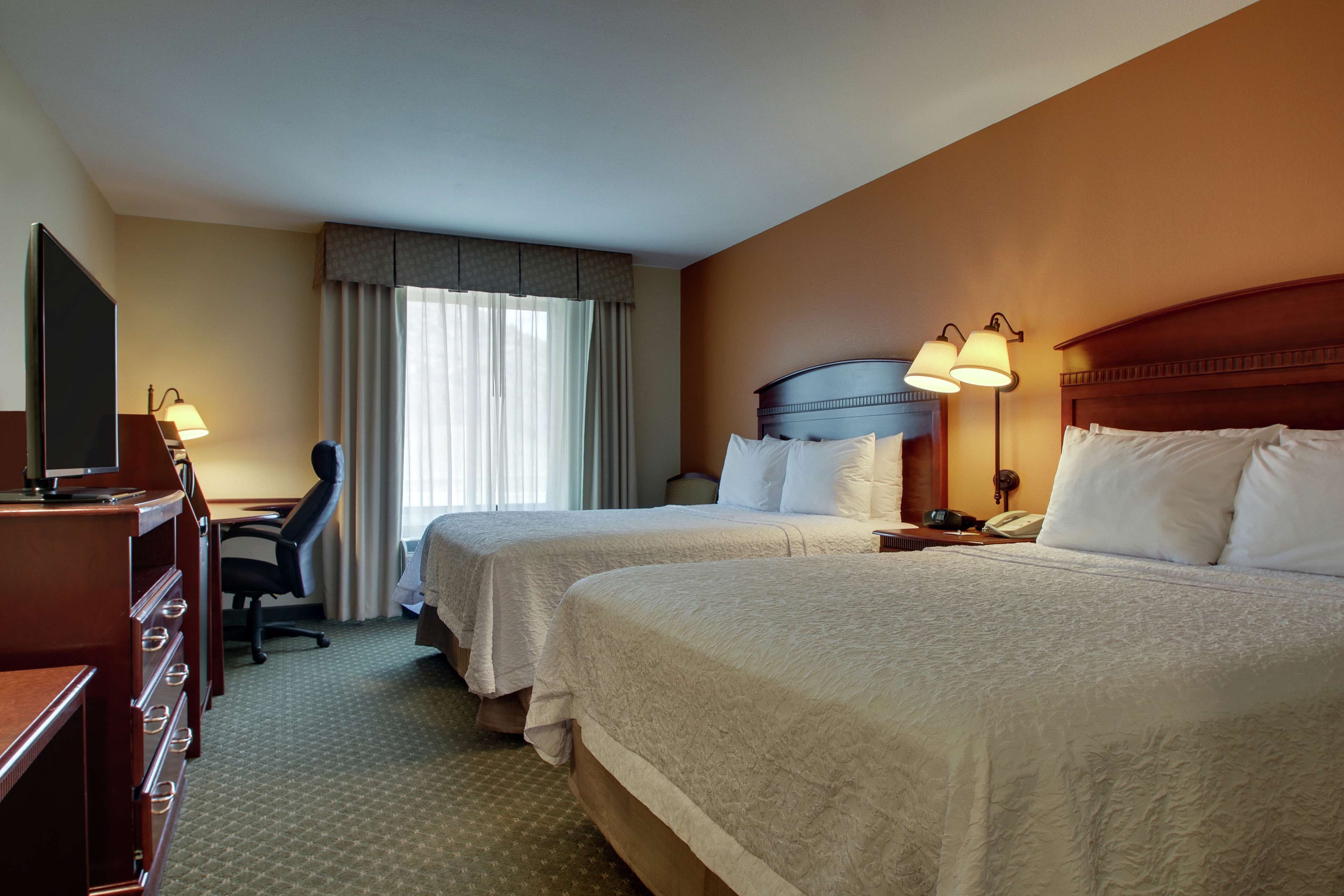A hotel room with two beds, a desk, a chair, a TV, and a lamp.