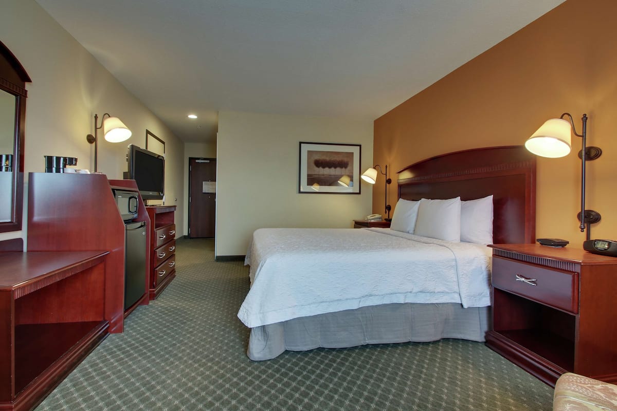 A hotel room with a bed, a desk, a chair, a dresser, a mirror, a lamp, and a framed picture on the wall.