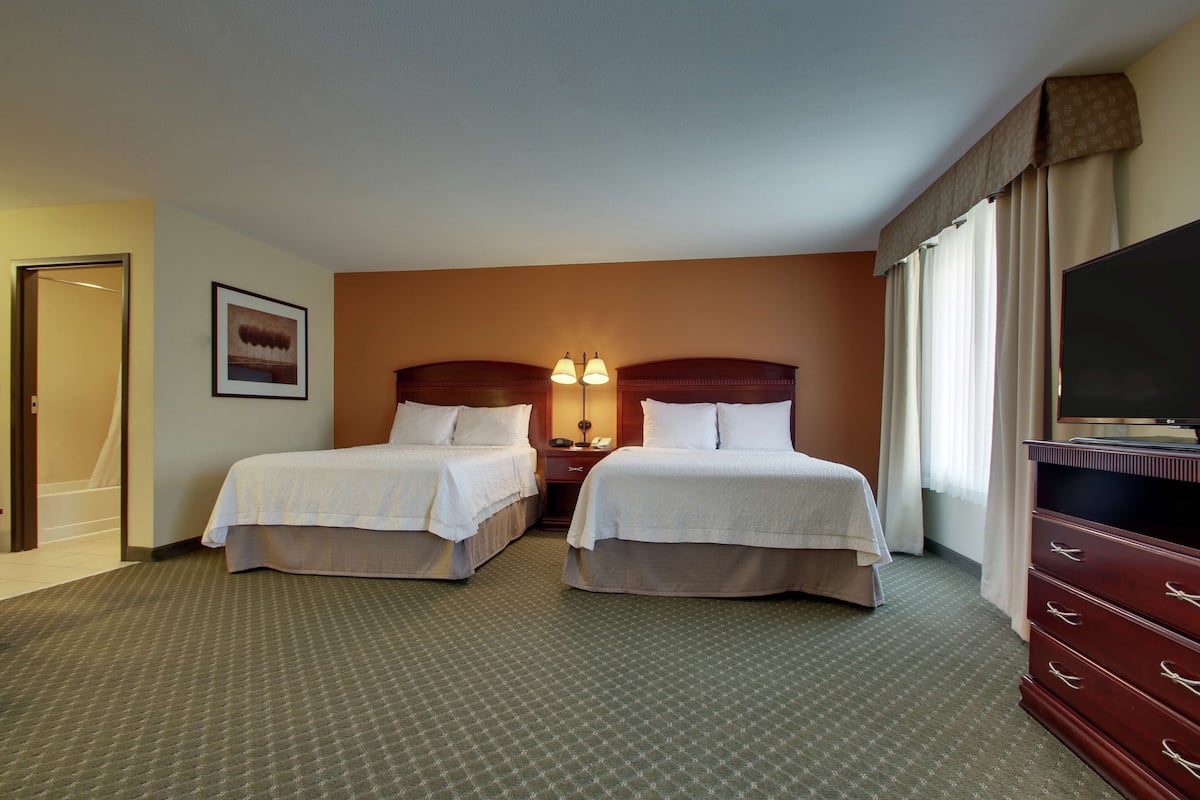 A hotel room with two beds, a dresser, a television, and a framed picture on the wall.