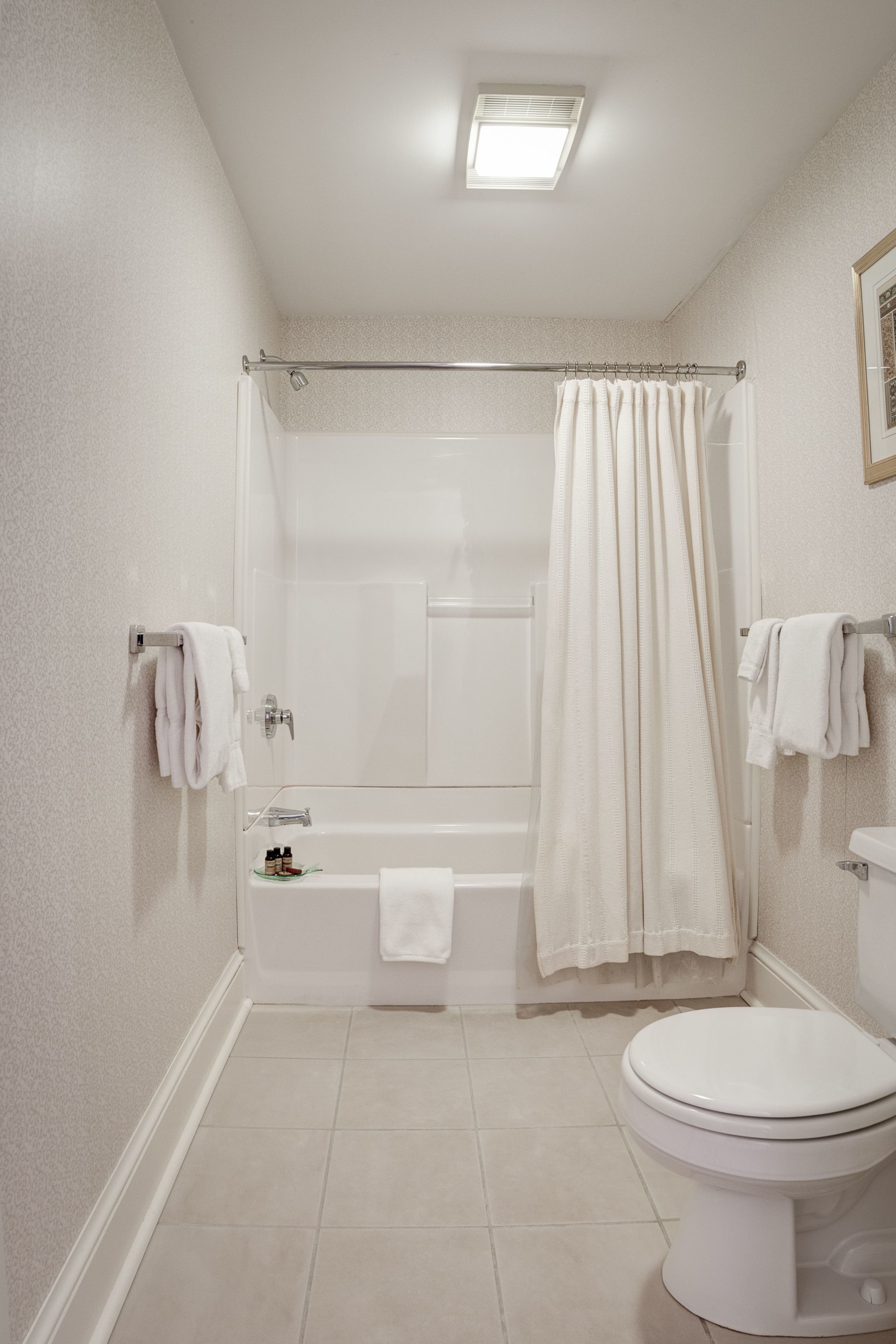 A bathroom with a bathtub, toilet, and a shower curtain.