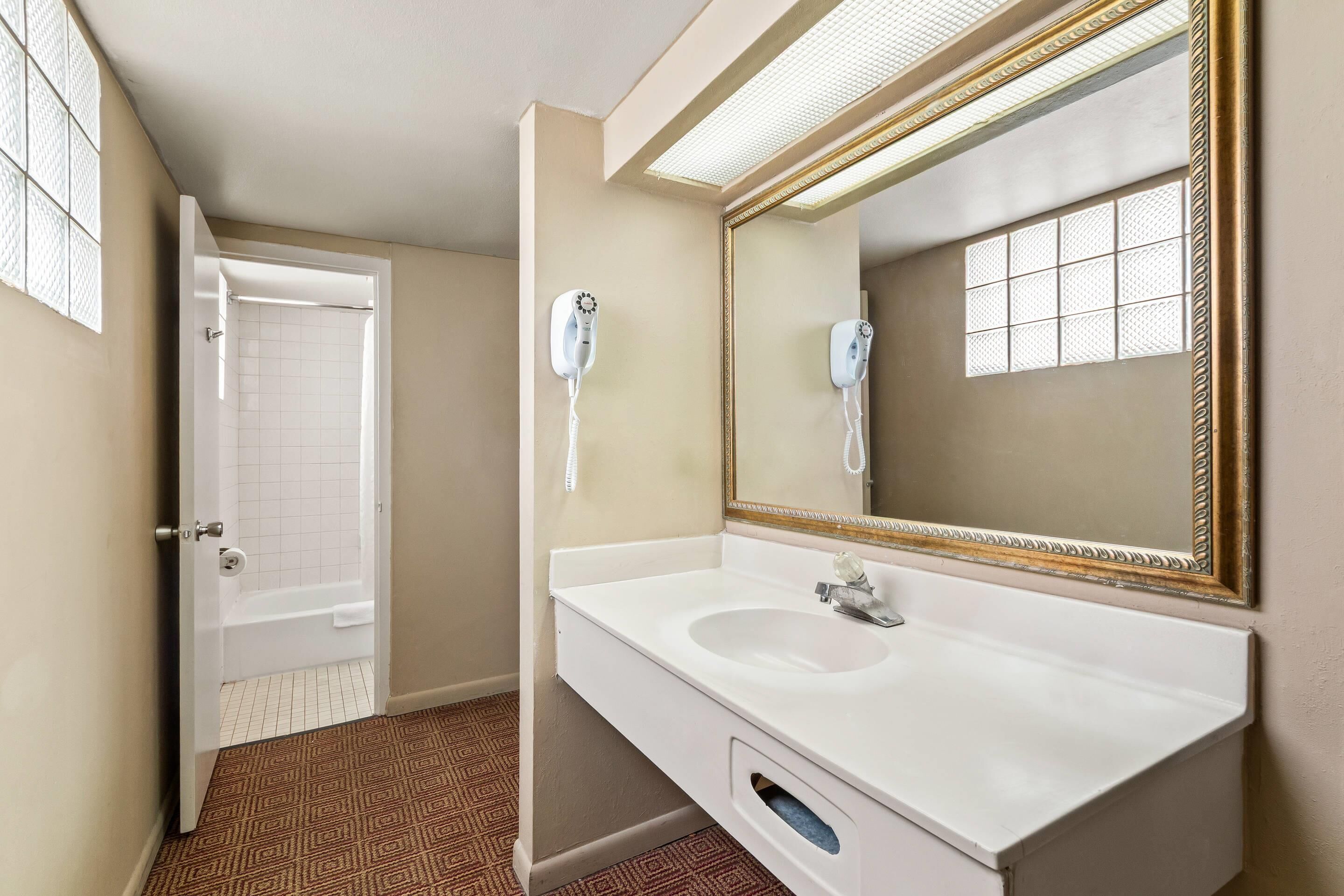 A bathroom with a white sink, a mirror with a gold frame, and a hairdryer mounted on the wall.