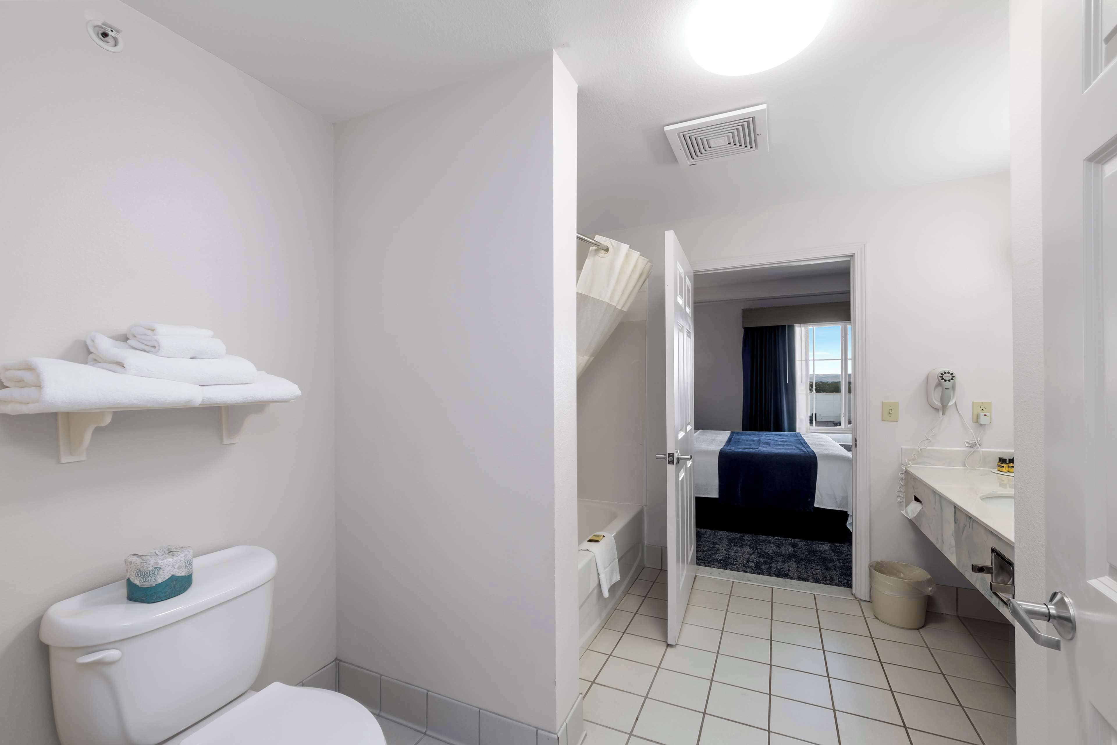 suite, 1 king bed, non smoking, refrigerator & microwave (living room;with sofabed) | bathroom | combined shower/bathtub, free toiletries, hair dryer, towels