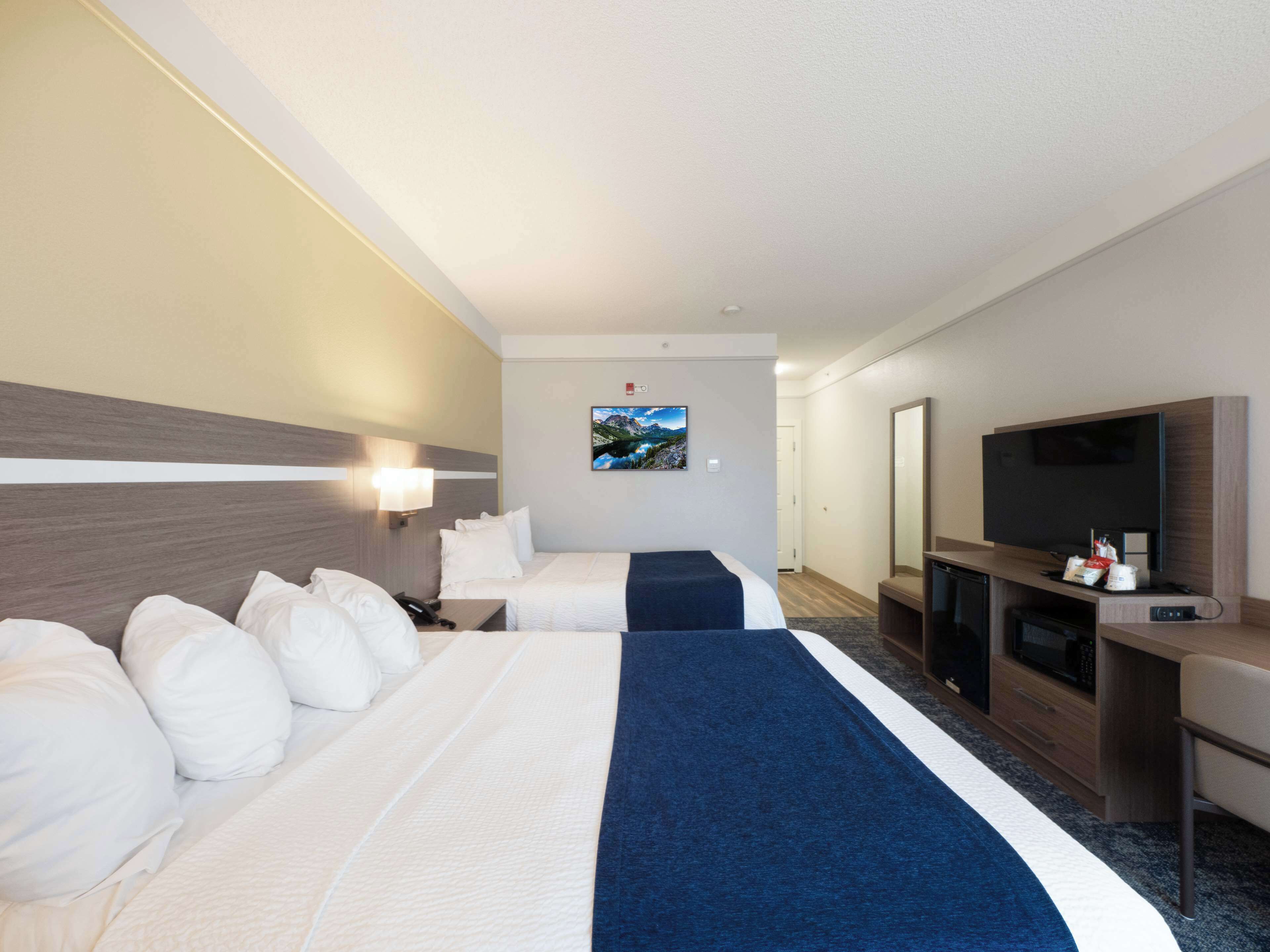 Habitación de hotel con dos camas, un televisor, un escritorio y un cuadro en la pared.
