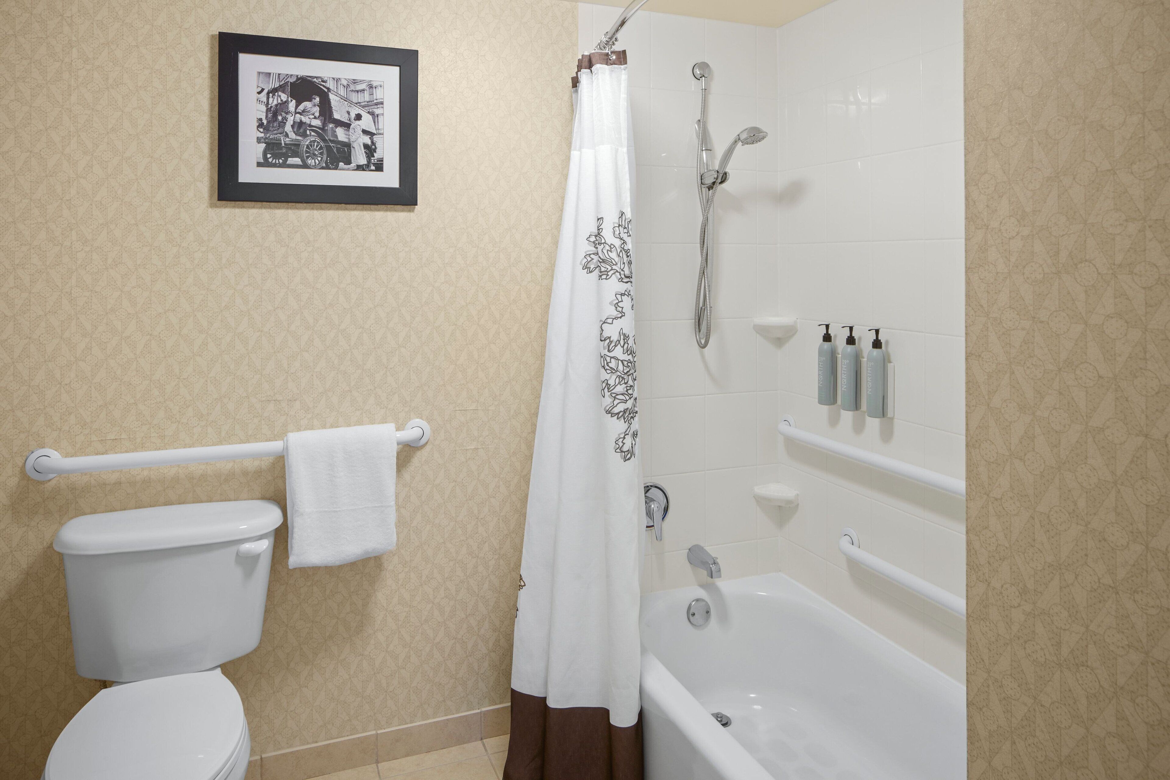 free toiletries, hair dryer, towels