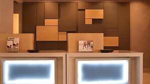 A reception desk with a modern design, featuring a geometric wall pattern and a neutral color scheme. - Holiday Inn Express Venice by IHG (Venice)