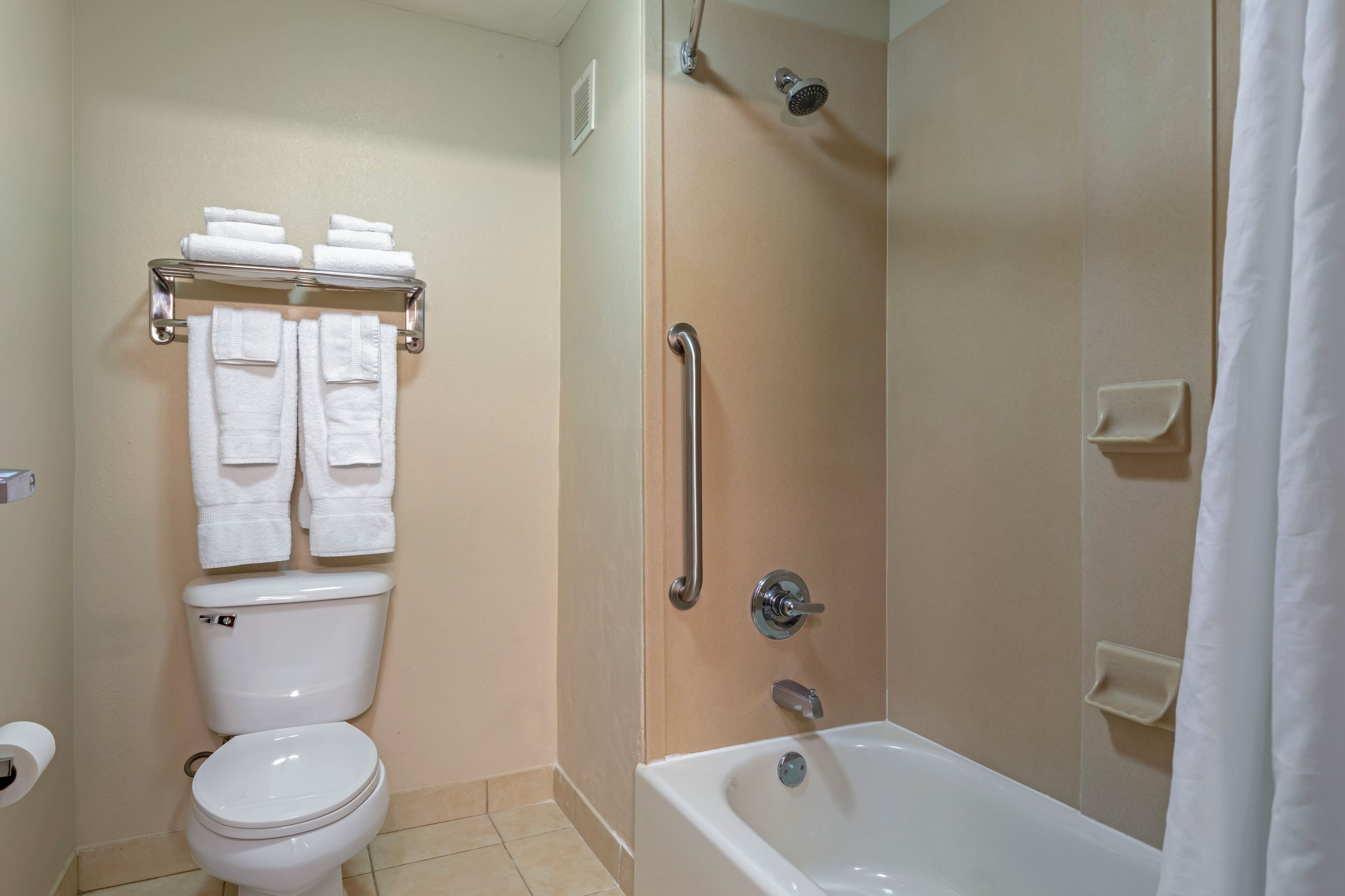 combined shower/bathtub, free toiletries, hair dryer, towels