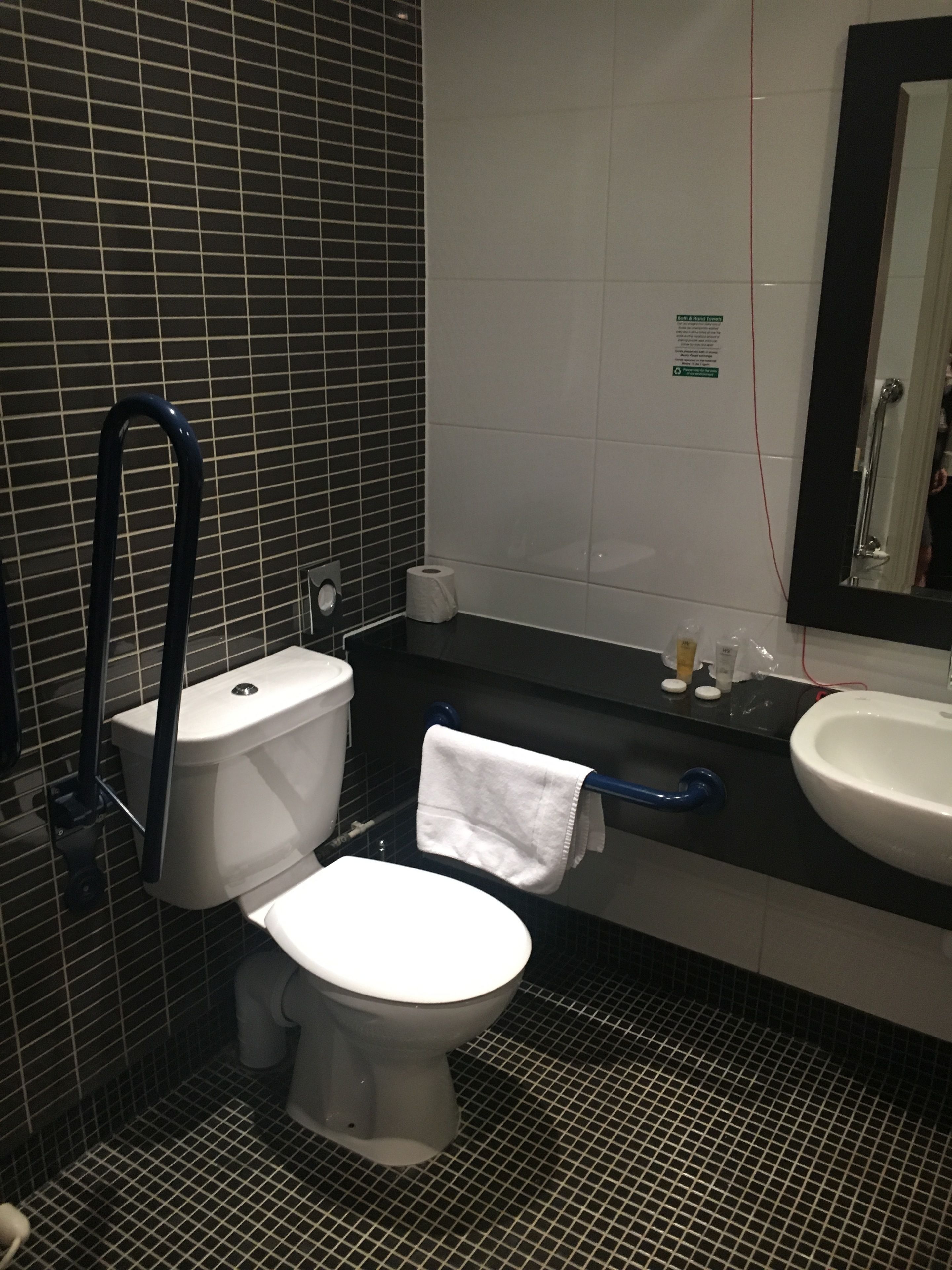 A bathroom with two toilets, a sink, and a mirror.