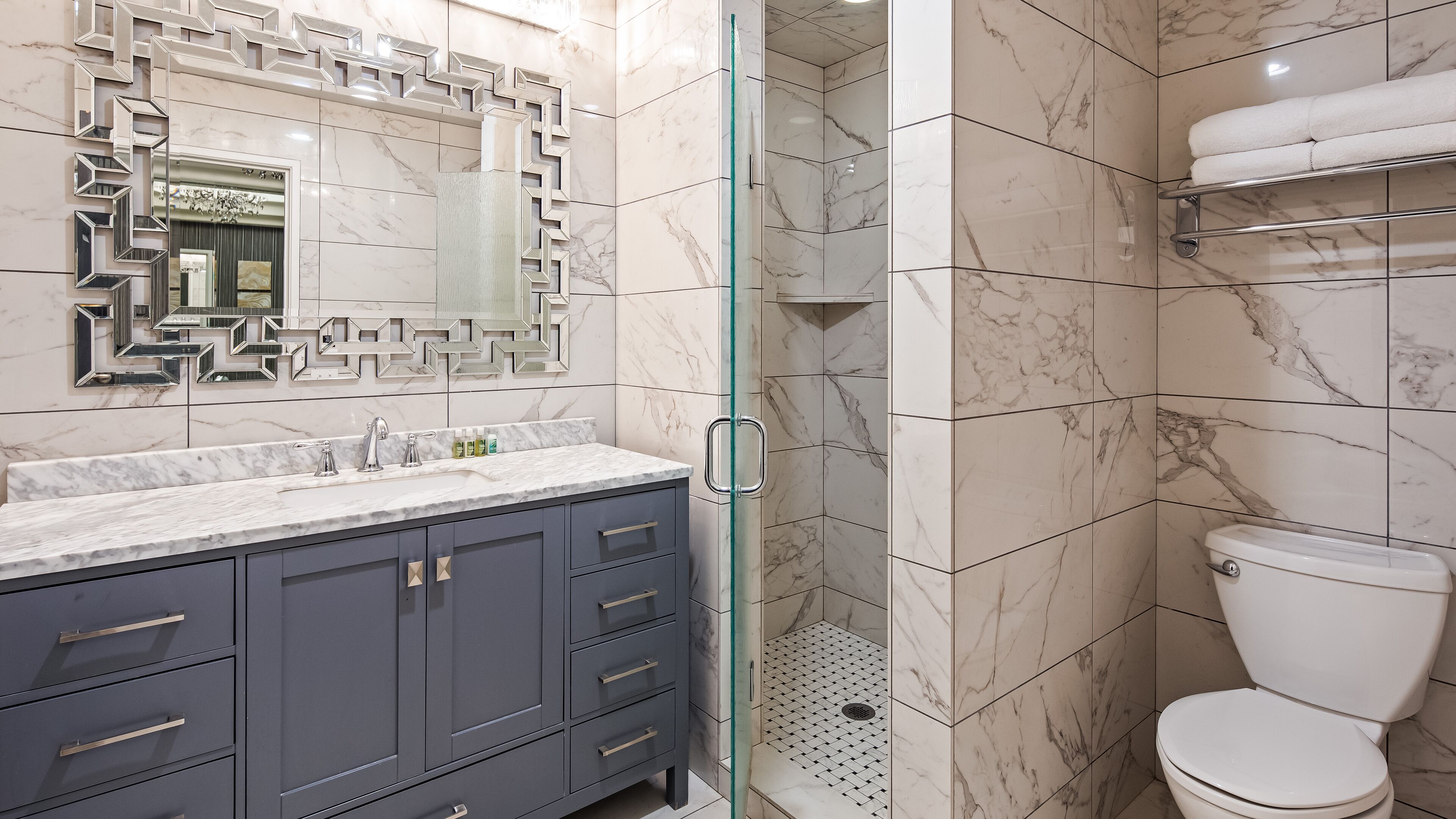 premium bedding, desk, blackout curtains, iron/ironing board