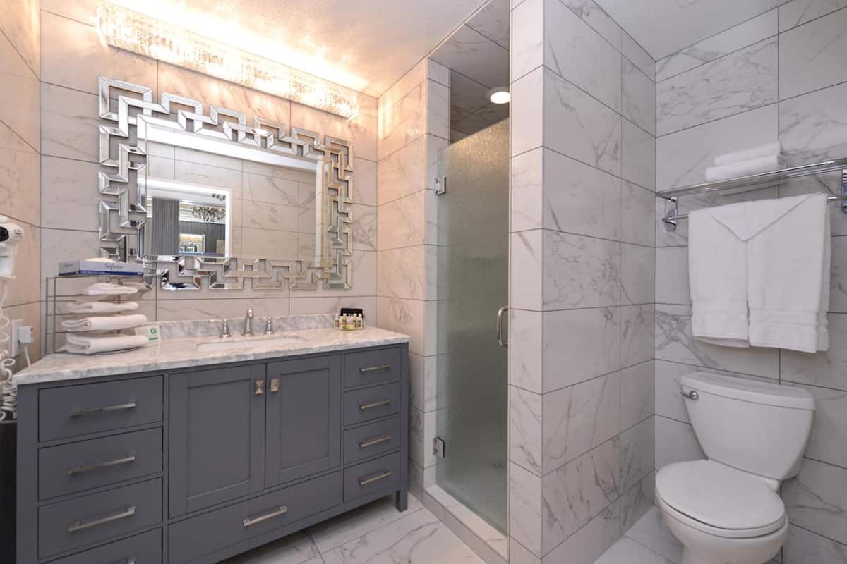 combined shower/bathtub, designer toiletries, hair dryer, towels