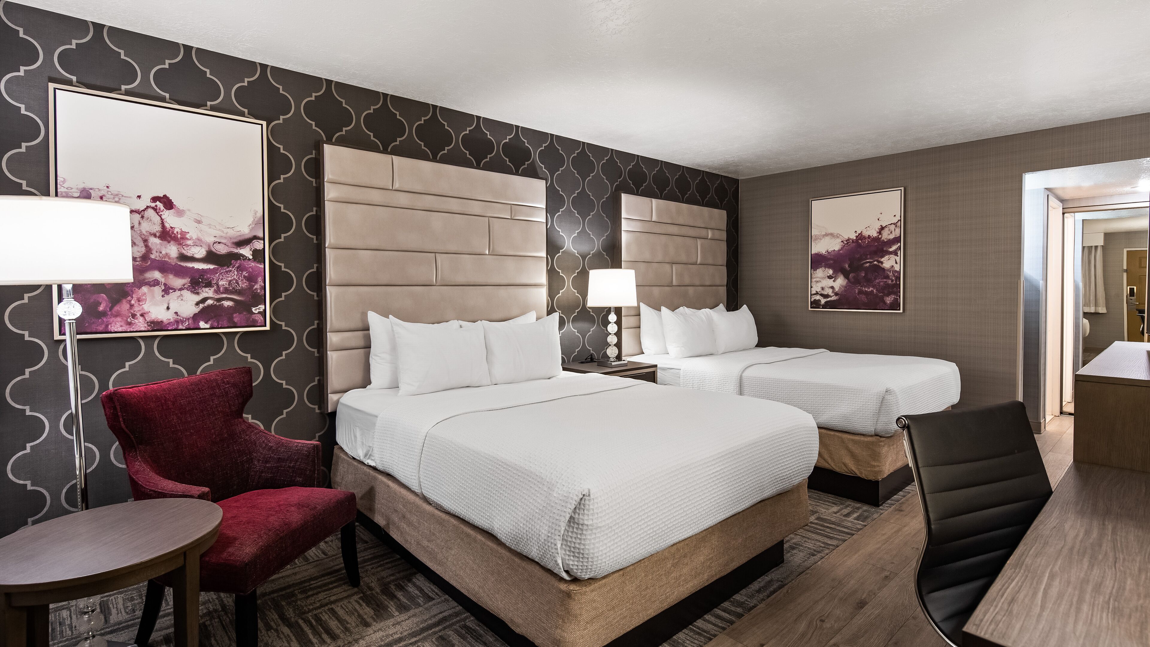 standard two queen beds | premium bedding, desk, blackout curtains, iron/ironing board