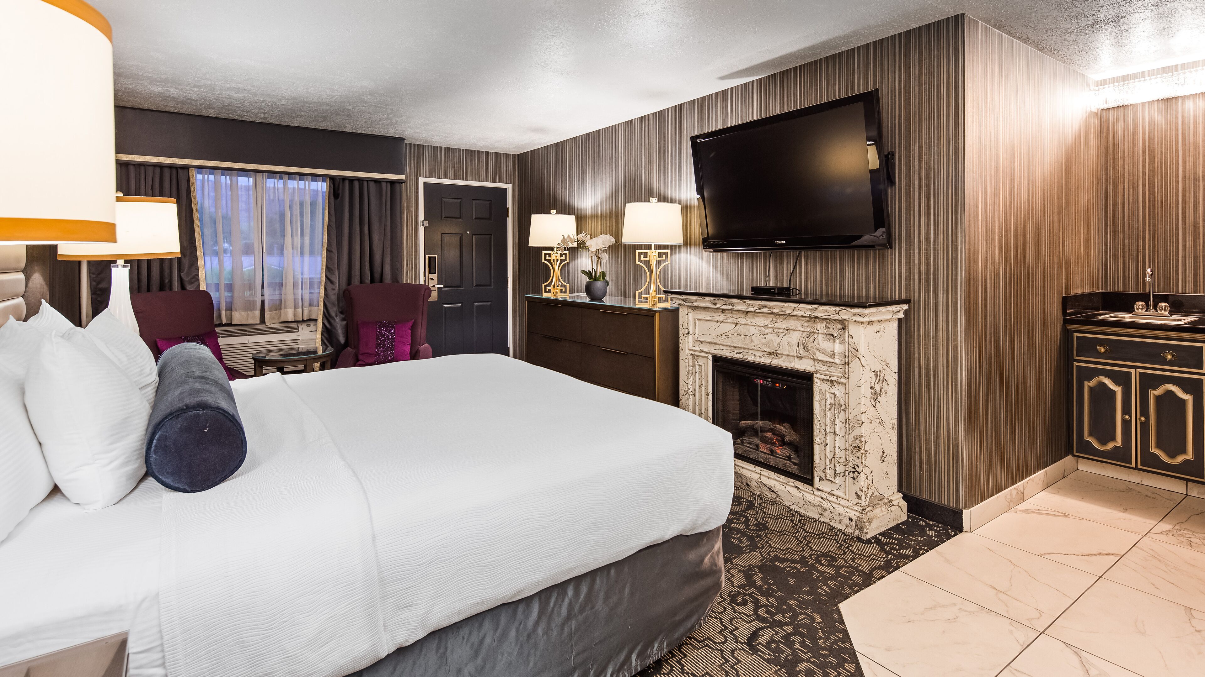 premium bedding, desk, blackout curtains, iron/ironing board