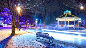 Ein Pavillon mit schneebedecktem Boden und Bänken, umgeben von Bäumen und beleuchtet mit Lichterketten.