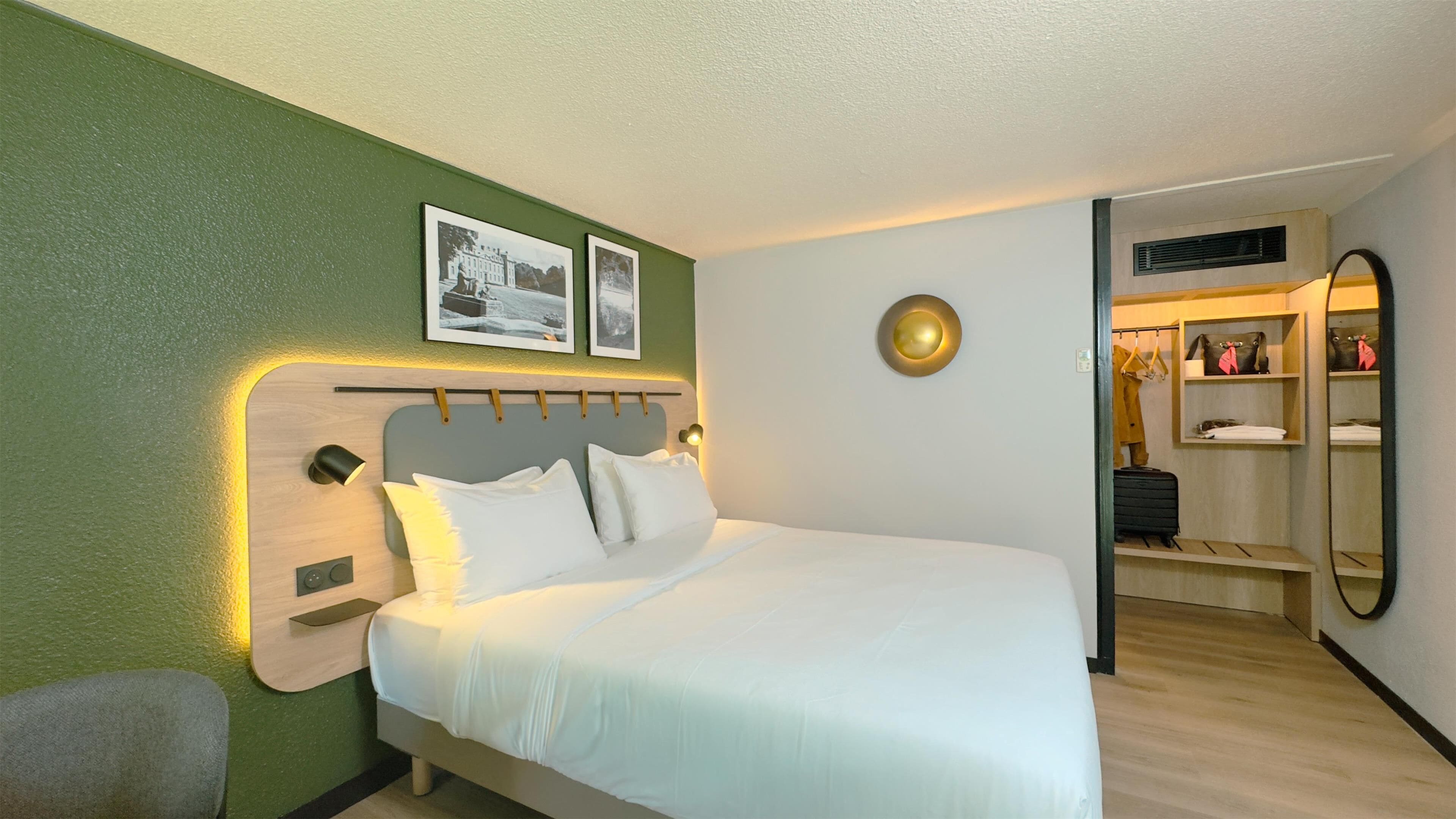 Premium bedding, desk, laptop workspace, soundproofing