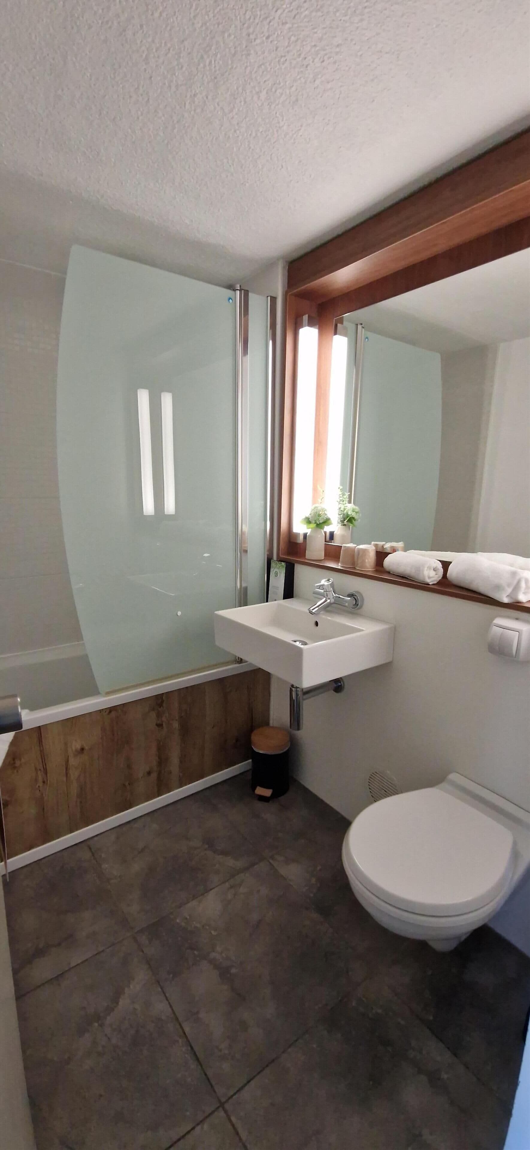 A modern bathroom with a glass shower enclosure, a white sink, and a toilet.
