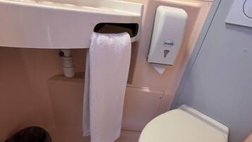 Une petite salle de bain équipée de toilettes, d’un lavabo et d’un distributeur de mouchoirs.