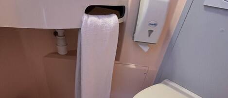 A small bathroom with a toilet, sink, and a tissue dispenser.