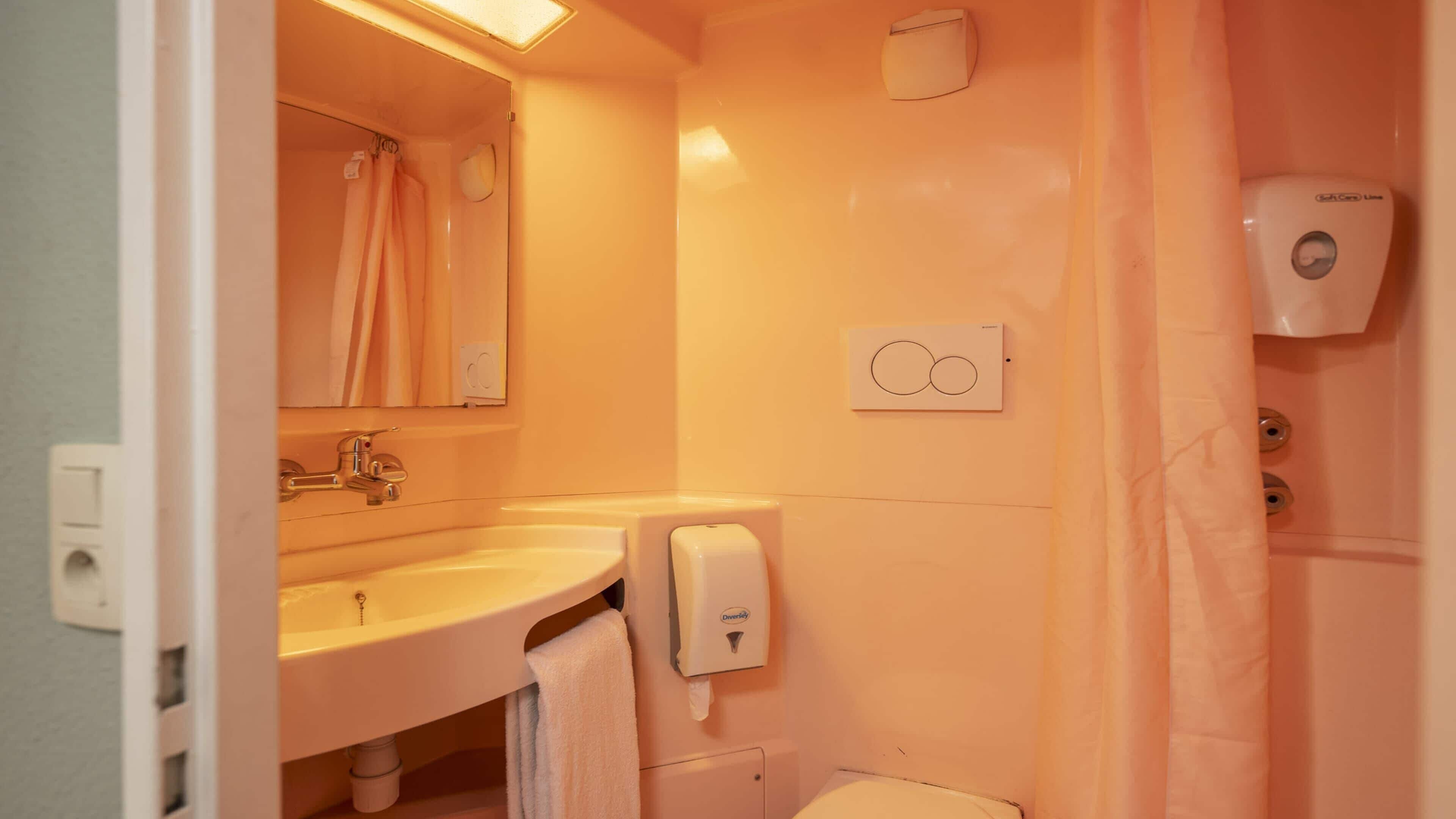 A bathroom with a sink, mirror, towel, soap dispenser, and toilet.