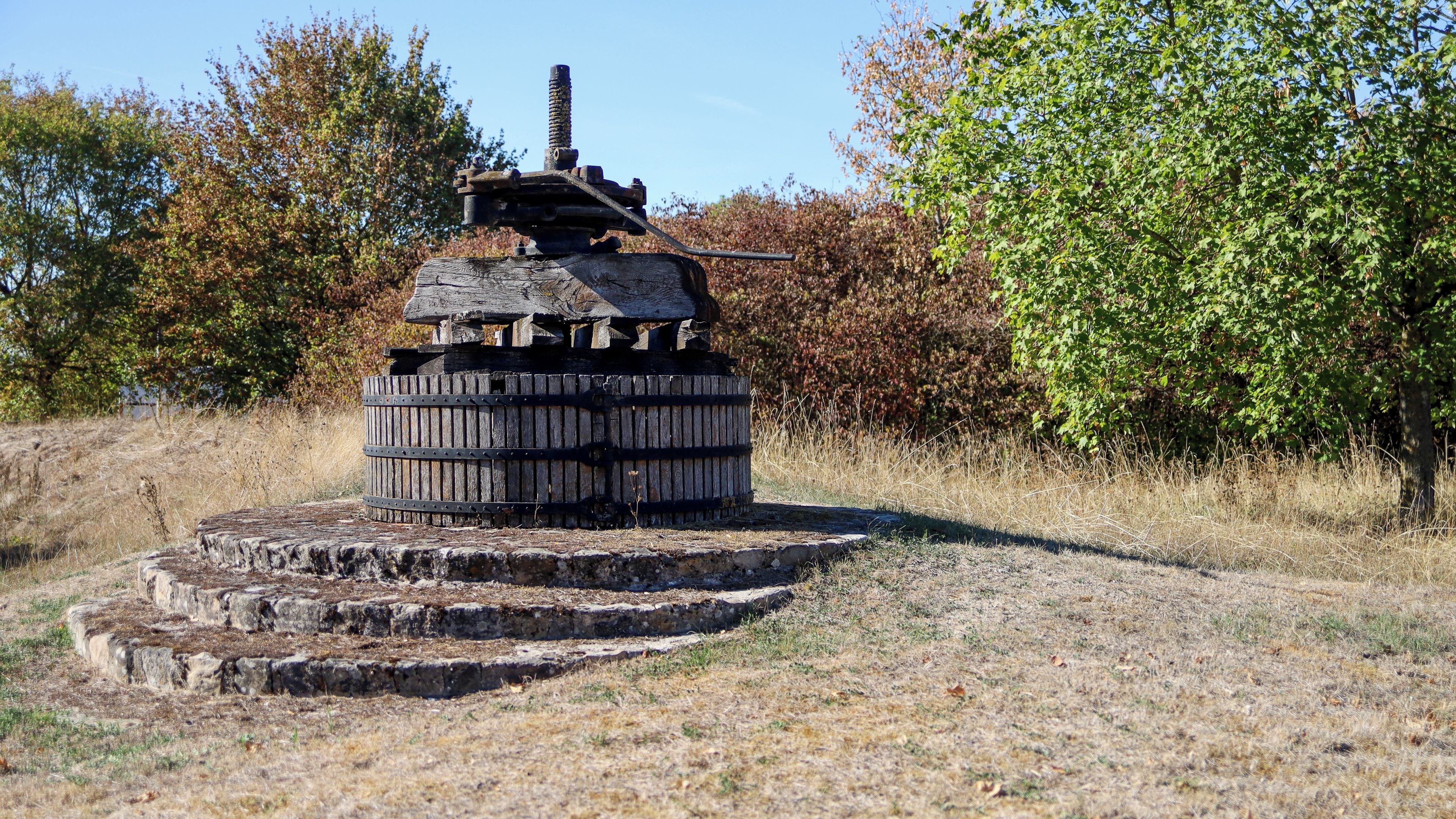 Un monumento histórico de tanque militar con una torreta sobre una base circular, rodeado de hierba seca y árboles.