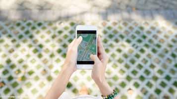 Una persona tiene in mano uno smartphone con una mappa sullo schermo, in piedi su una superficie decorata.