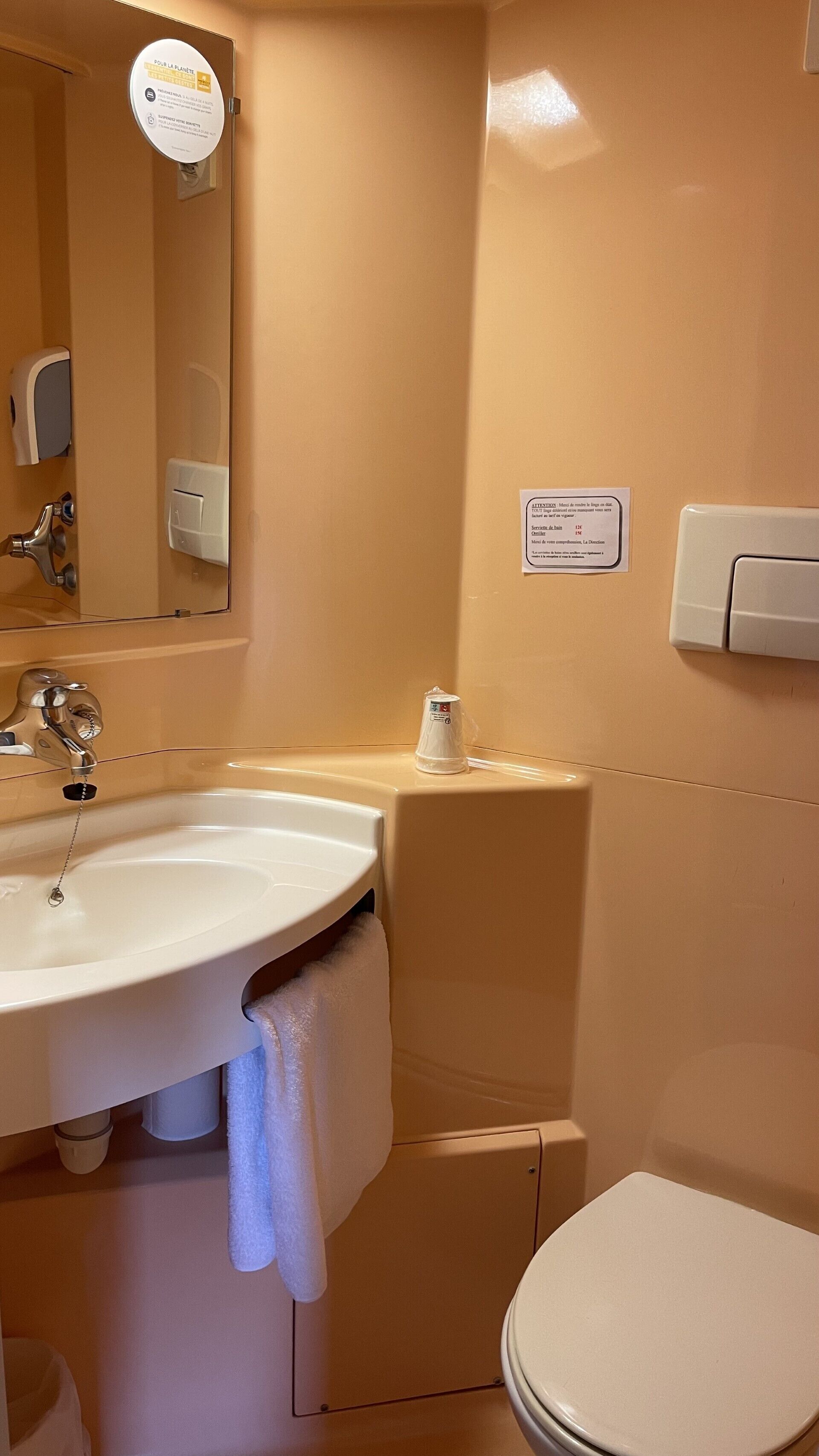 Un baño con lavamanos, espejo, toalla, inodoro y un cartel que indica los servicios.