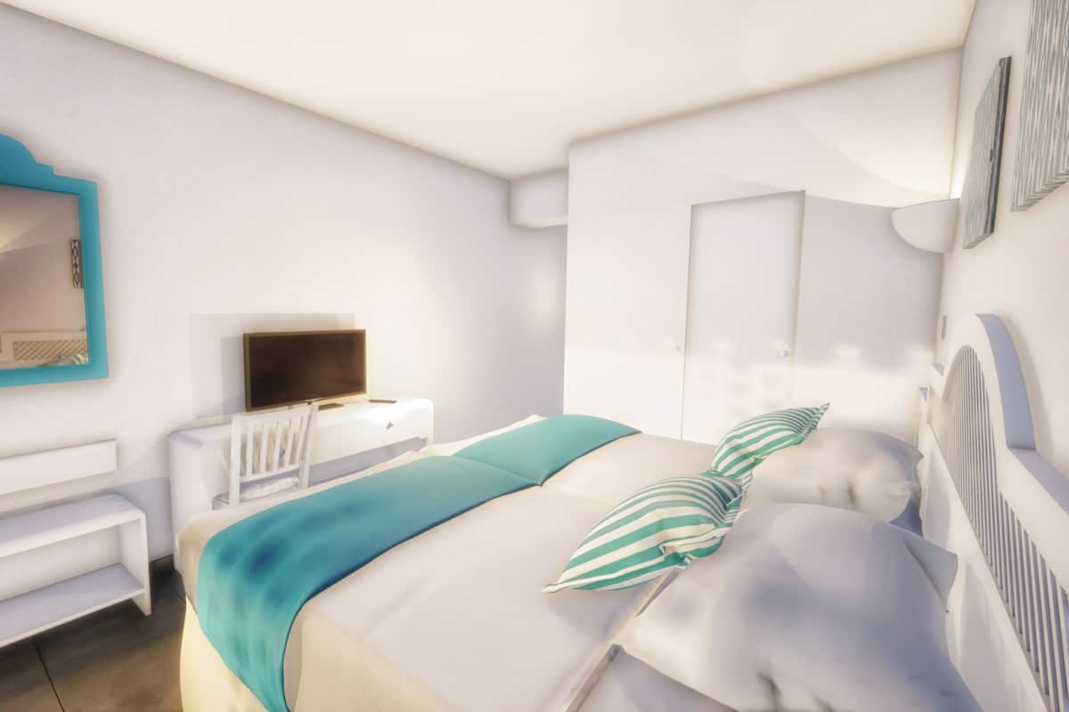Desk, laptop workspace, free WiFi, bed sheets