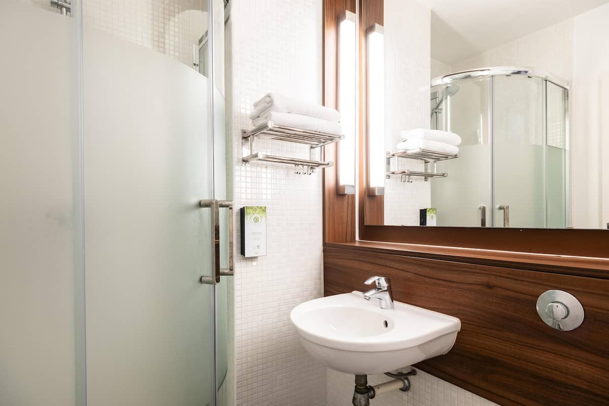 standard room, 1 double bed | bathroom | shower, eco-friendly toiletries, hair dryer, towels