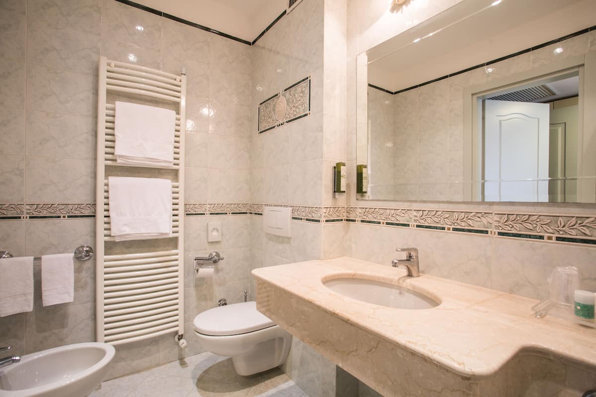 free toiletries, hair dryer, bidet, towels