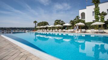 Una piscina al aire libre, sombrillas, tumbonas