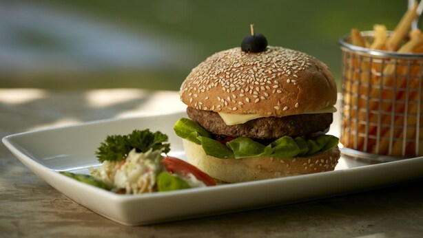A hamburger with a sesame seed bun, lettuce, and a black olive on top, served on a white plate with a side of fries and a small salad. - Hotel Sigiriya (Sigiriya)