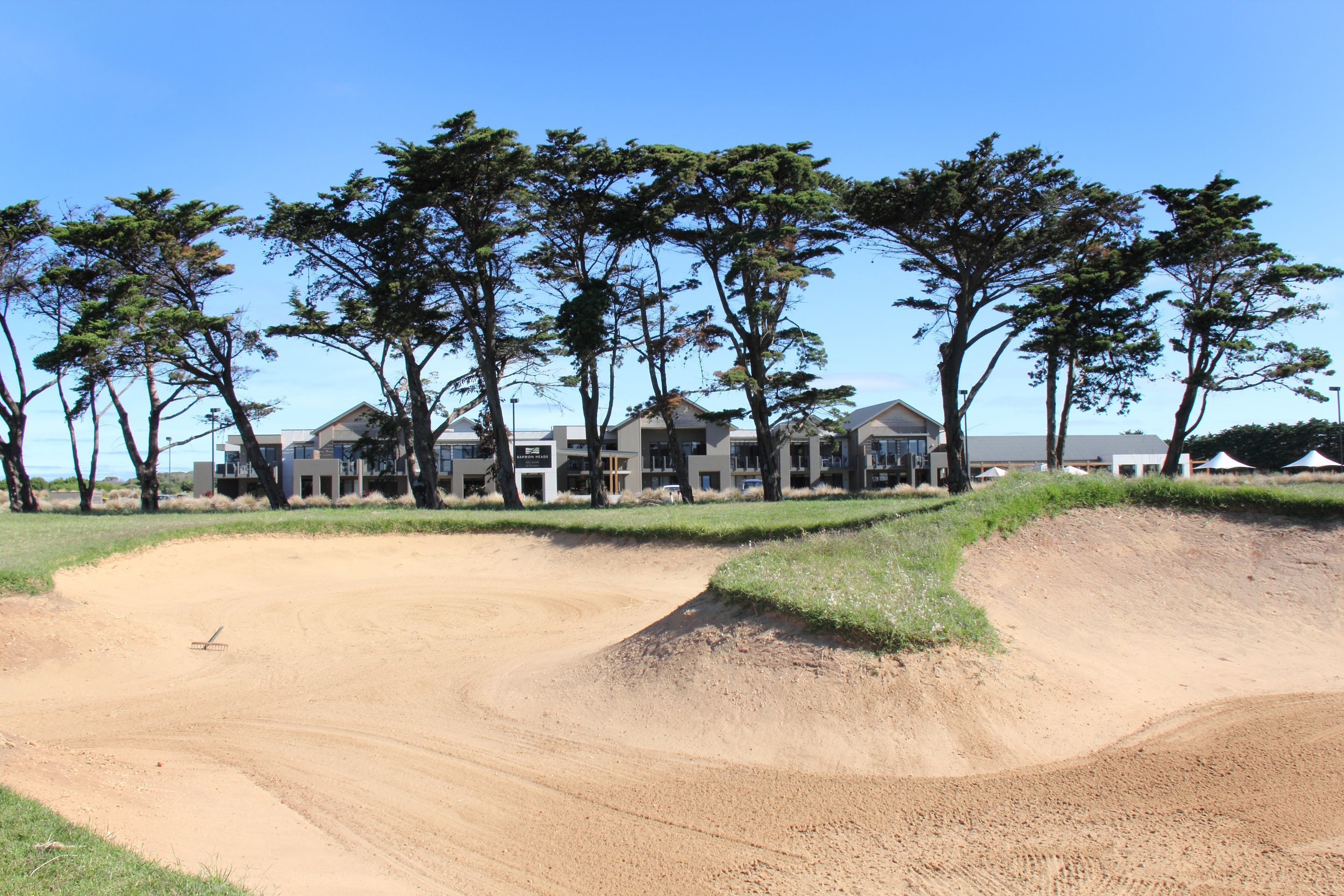 Un parcours de golf avec des bunkers et des arbres.