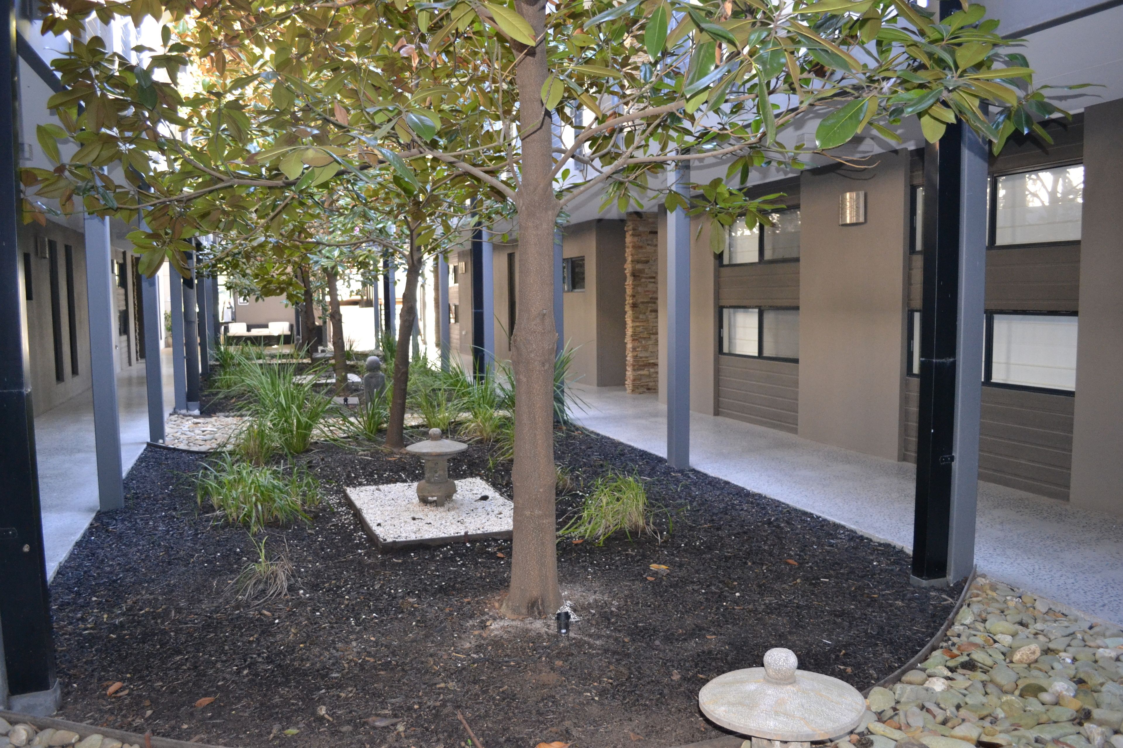 A courtyard with a tree, a stone planter, and a building with windows.