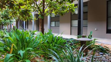 A courtyard with a stone lantern, green plants, and a building with large windows and a modern design.