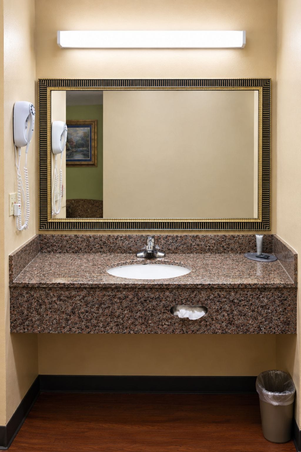 A bathroom with a granite countertop sink, a mirror with a gold frame, a hairdryer, and a trash can.