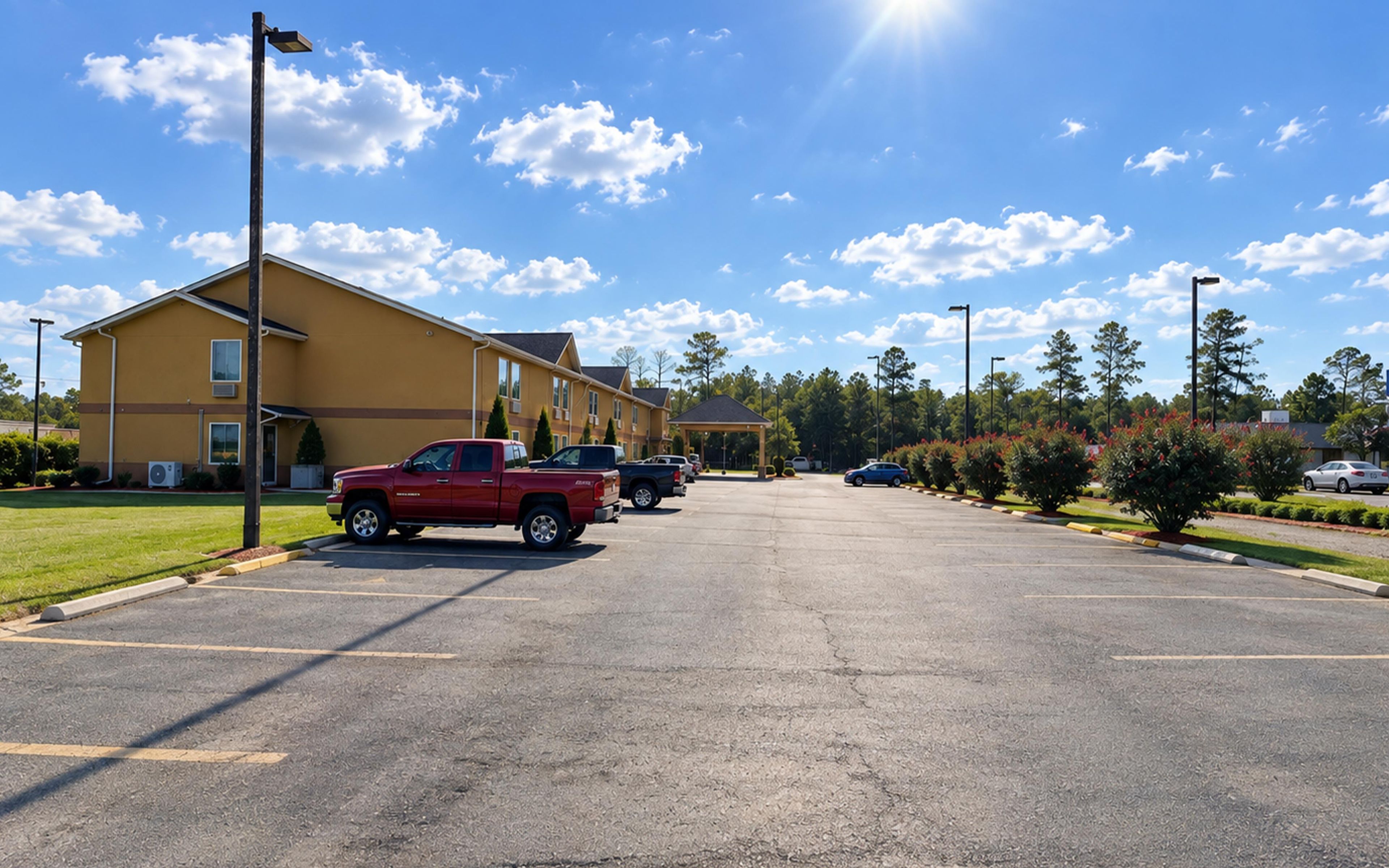 A parking lot with a yellow building, a red truck, and a clear blue sky.