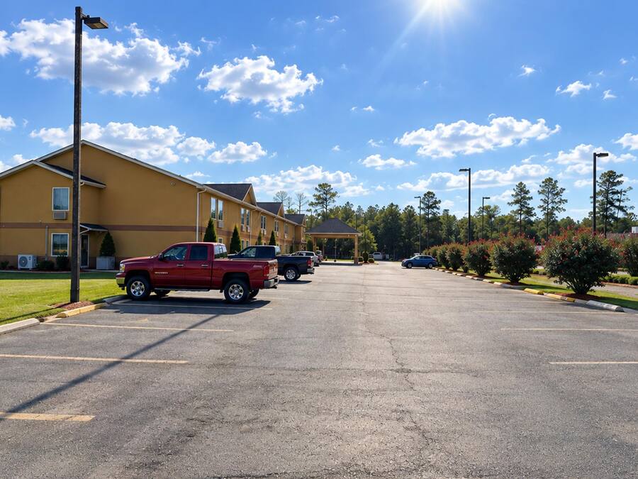 A parking lot with a yellow building, a red truck, and a clear blue sky.