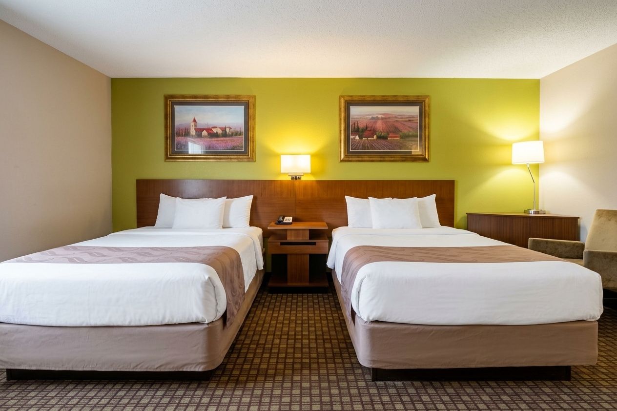 A hotel room with two beds, a wooden headboard, a nightstand, a lamp, and two framed pictures on the wall.