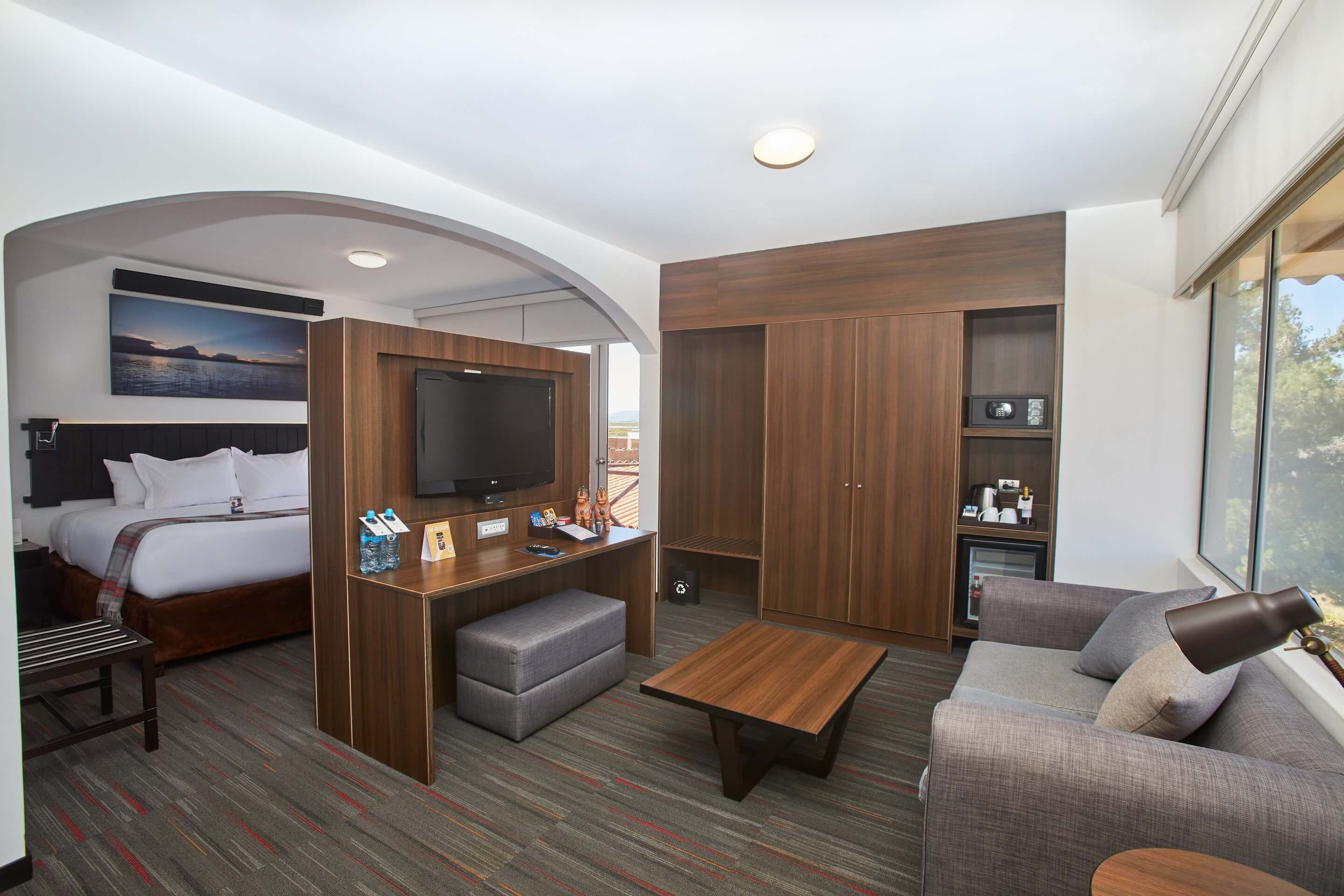 suite, 1 king bed, lake view | living area | lcd tv