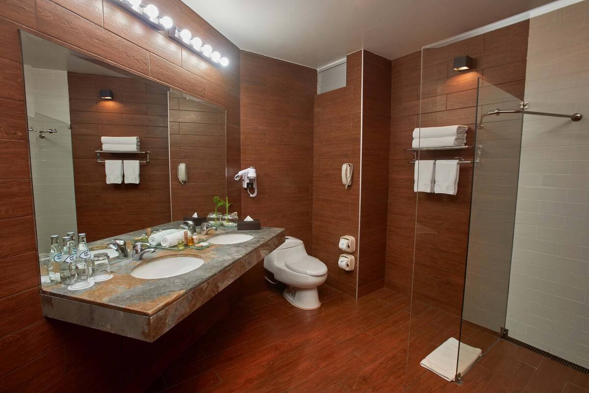 suite, 1 king bed, lake view | bathroom | combined shower/bathtub, rainfall showerhead, free toiletries