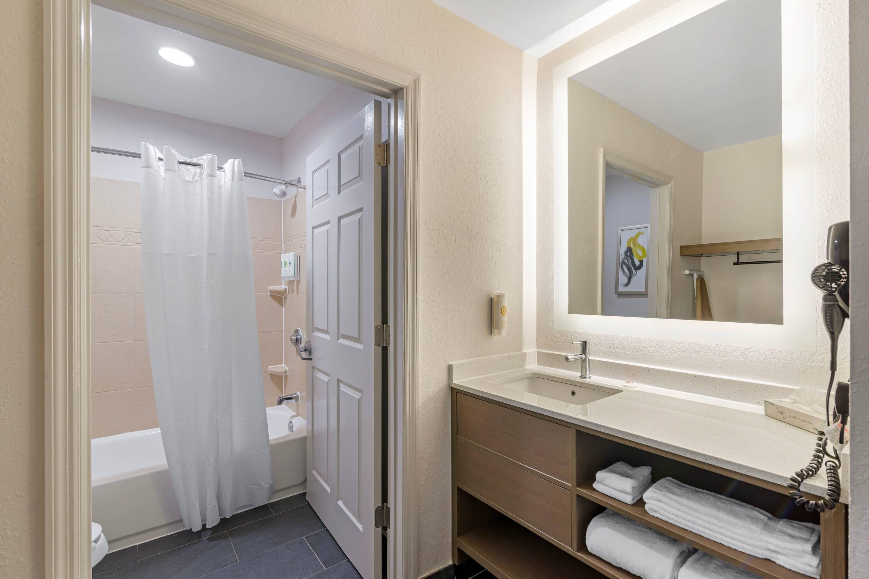 Une salle de bain avec un rideau de douche, un lavabo, un miroir et un porte-serviettes.