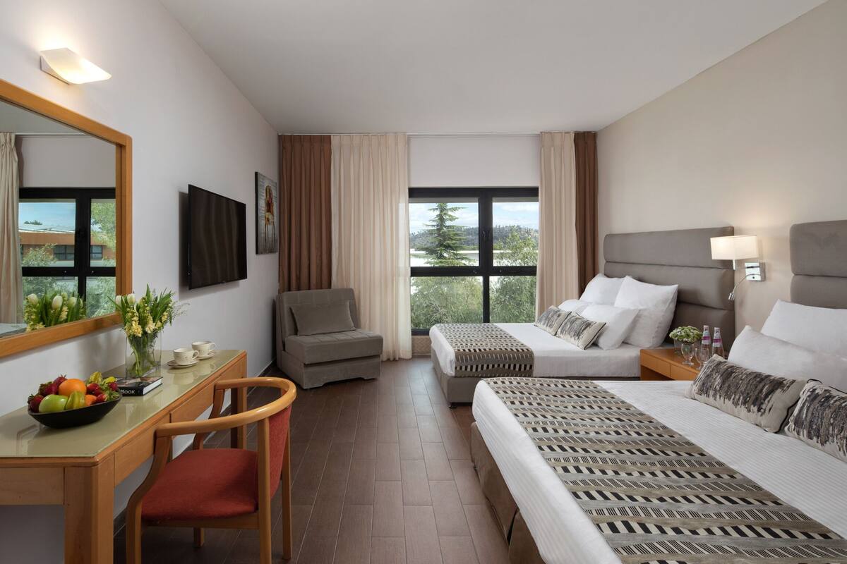 Habitación de hotel con cama, escritorio, silla, televisión y ventana con vistas a árboles y un edificio.