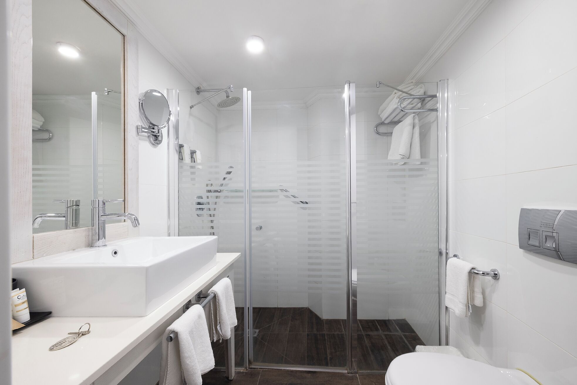 Un baño moderno con ducha envuelta en vidrio, un lavabo blanco y un inodoro.