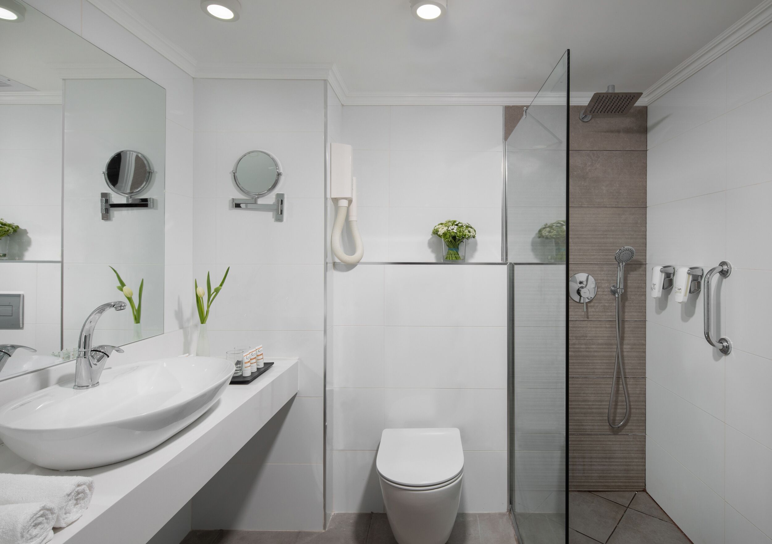 Ein modernes Badezimmer mit einem großen Waschbecken, zwei Spiegeln, einer Toilette und einer gläsernen Dusche.