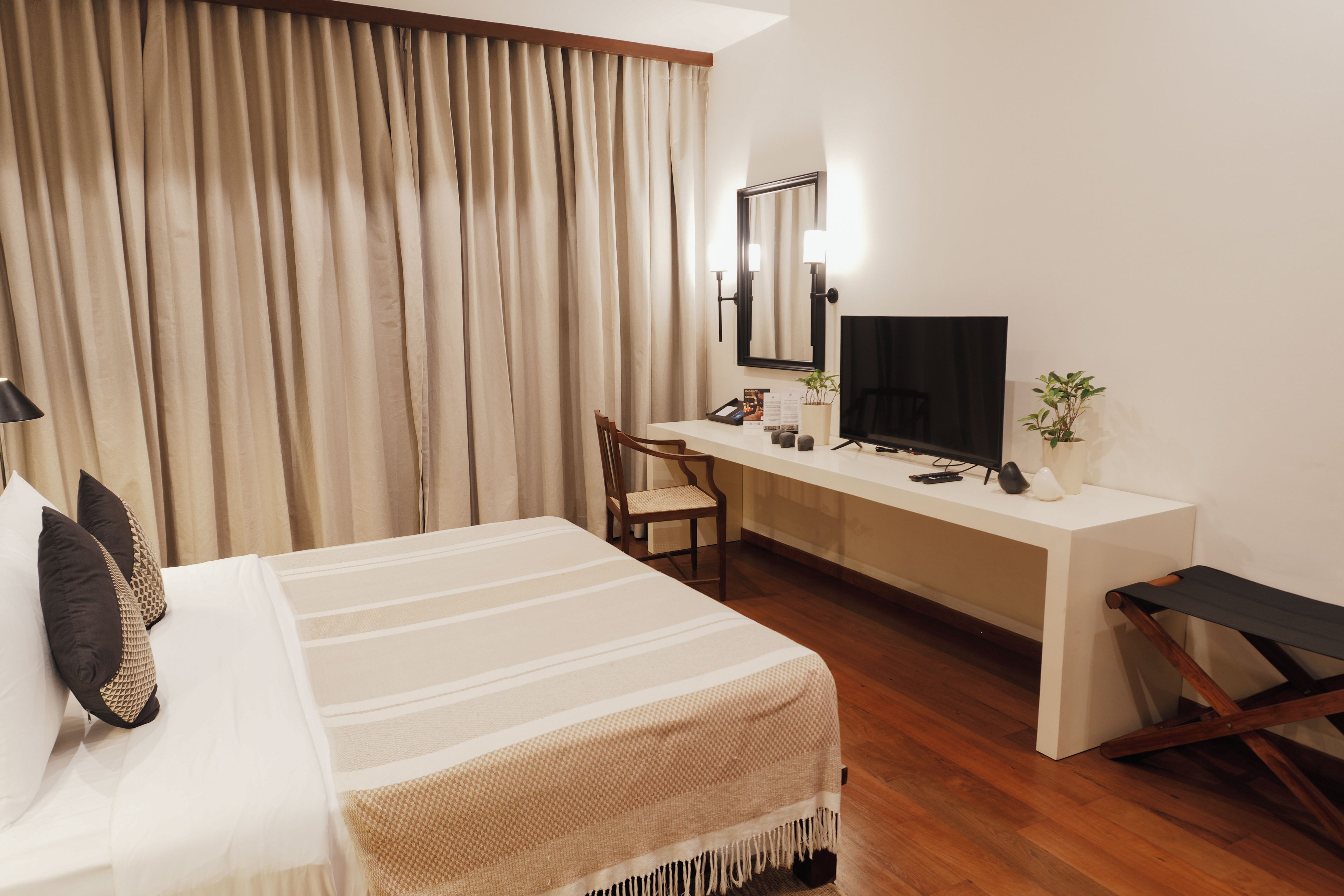A hotel room with a bed, desk, chair, television, and a potted plant.