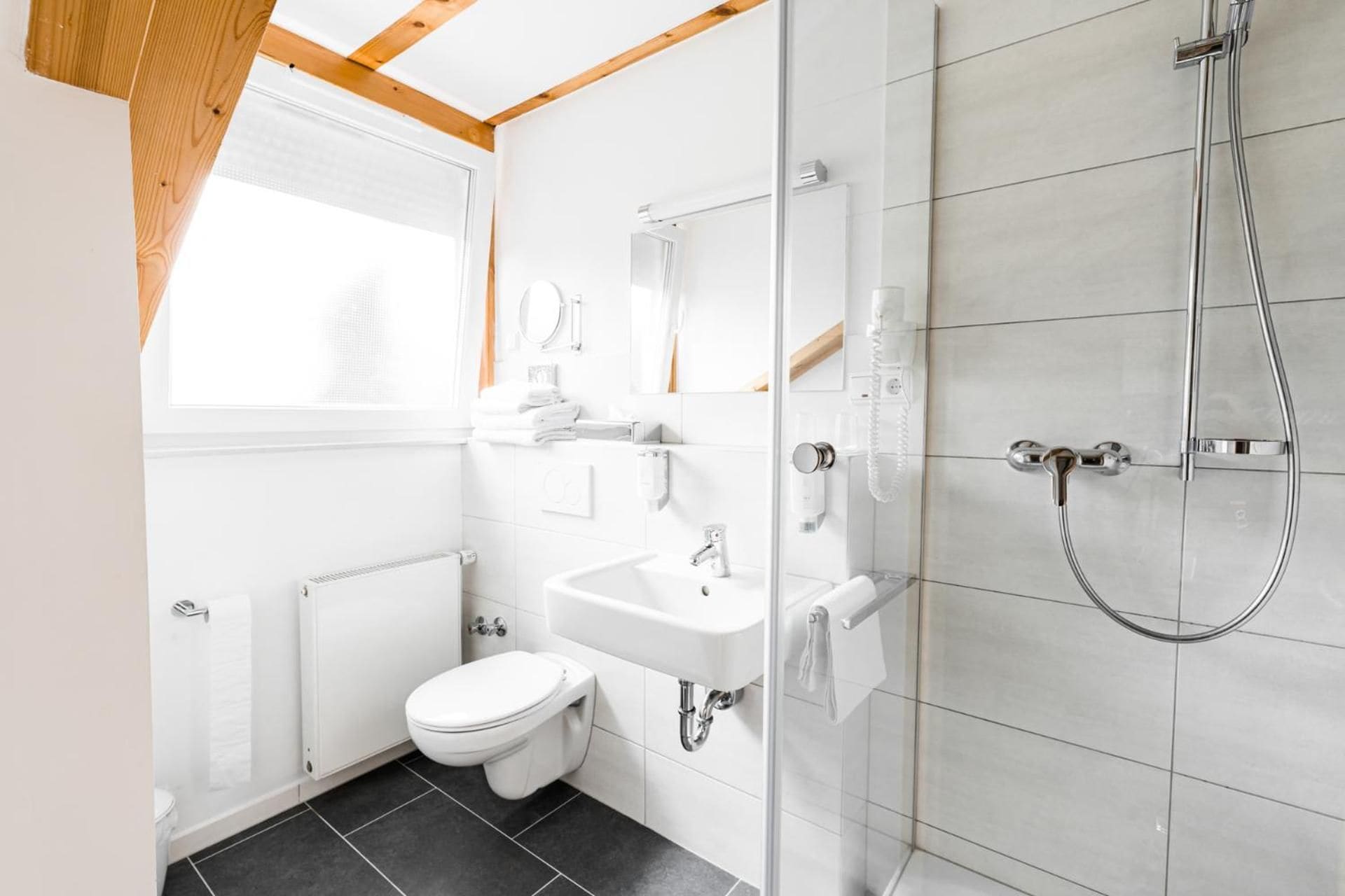 Ein modernes Badezimmer mit Toilette, Waschbecken und Dusche.