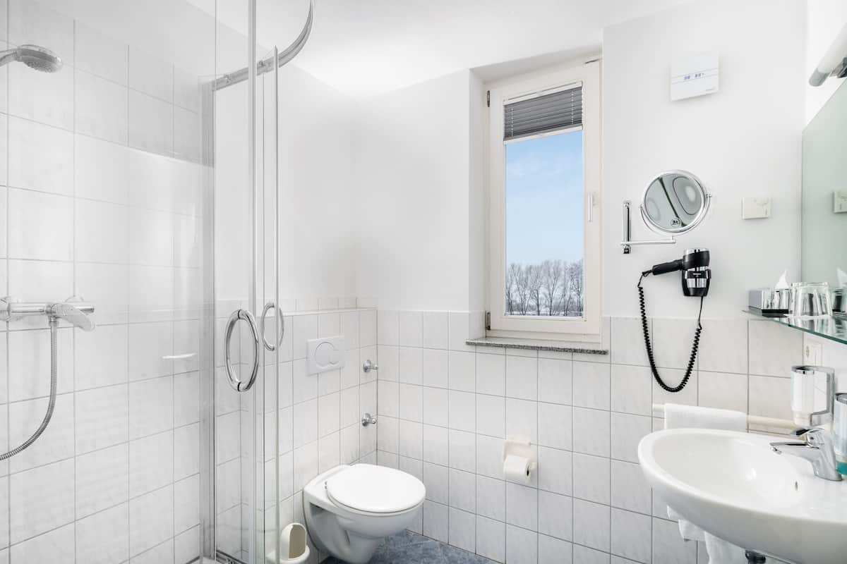shower, free toiletries, hair dryer, towels